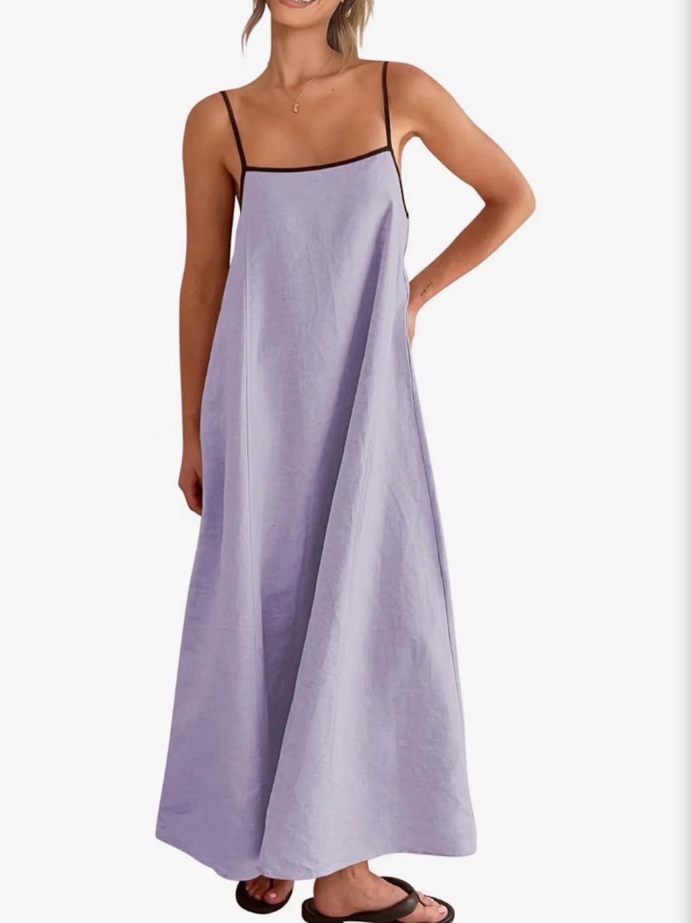 NEW. Velvet Lavender Maxi Slip Dress with Black Trim
